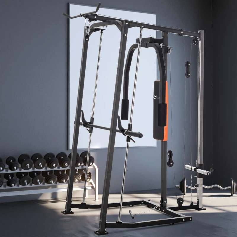 Soozier 3 In 1 Smith Machine with Dual Cable Pulley System, Chest Press Station, 17-Level Squat Rack and Barbell Bar