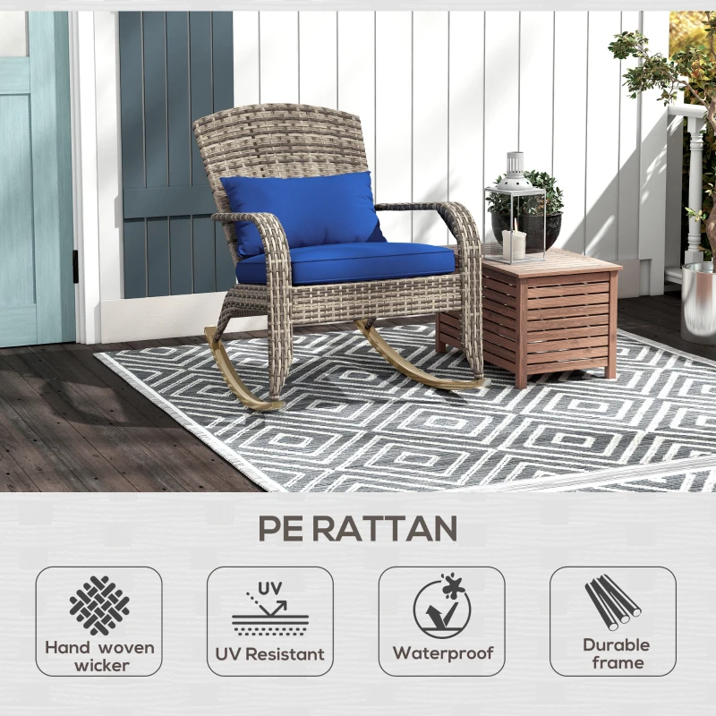 Outsunny Adirondack Chair, Outdoor Wicker Rocking Chair with High Back, Seat Cushion, and Pillow for Porch, Balcony, Dark Blue