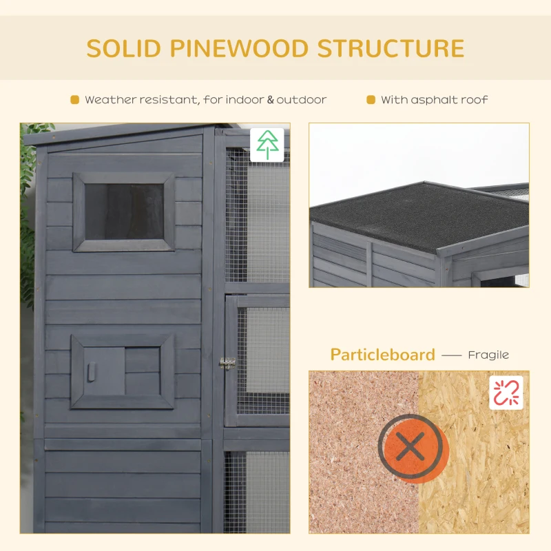 PawHut Wooden Outdoor Catio with Platforms, Asphalt Roof, Ramps, Gray