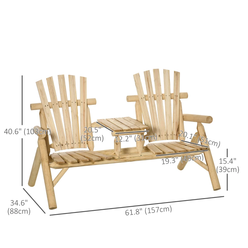 Outsunny Wood Adirondack Patio Chair Bench with Center Coffee Table, for Lounging and Relaxing Outdoors Natural