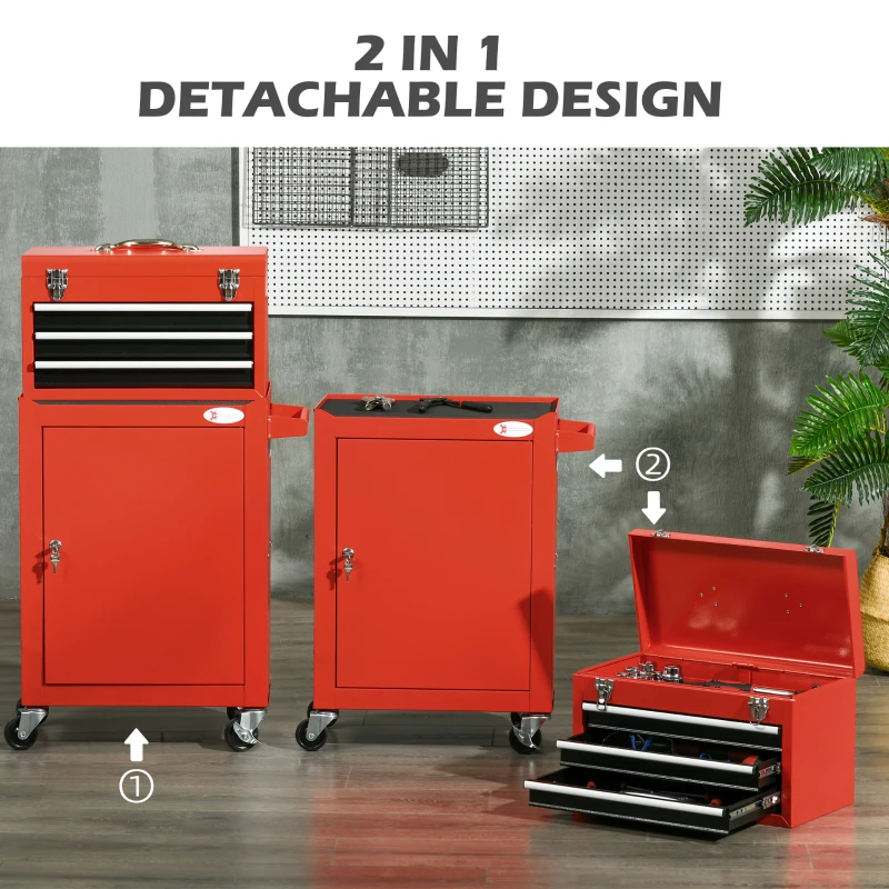 DURHAND 2 In 1 Detachable Tool Box and Tool Cabinet, 3-Drawer Rolling Tool Chest Cabinet on Wheels with Lock and 2 Keys, Red