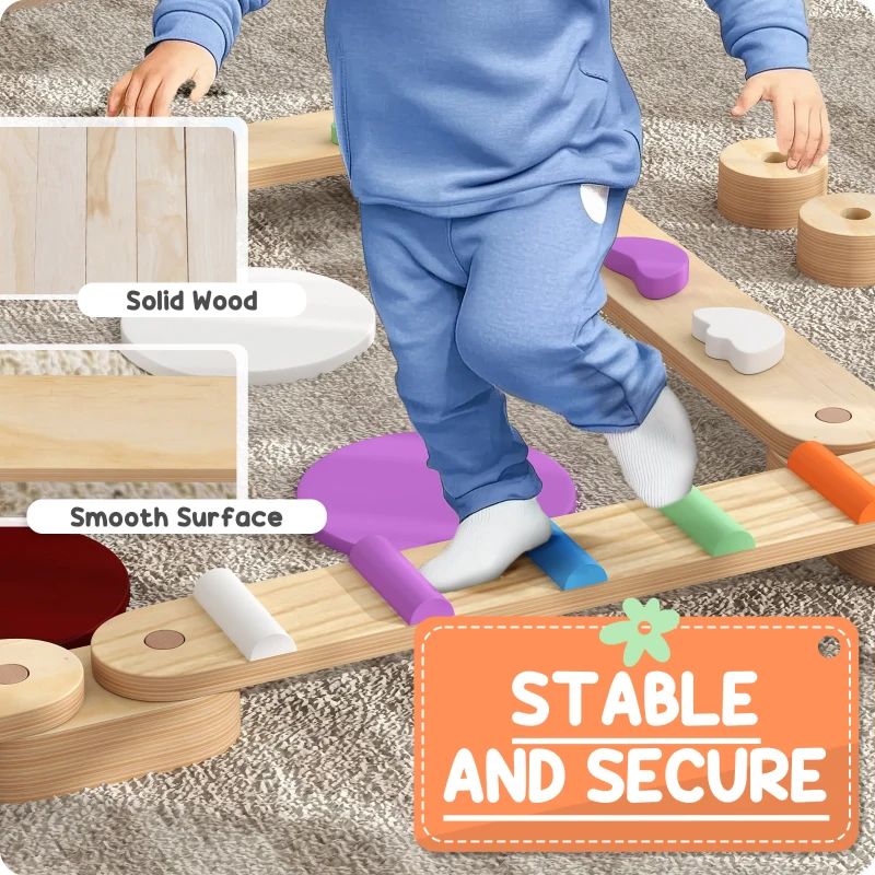 Qaba Kids Balance Beam, Wooden Balance Board with Stepping Stone for 3-8 Years