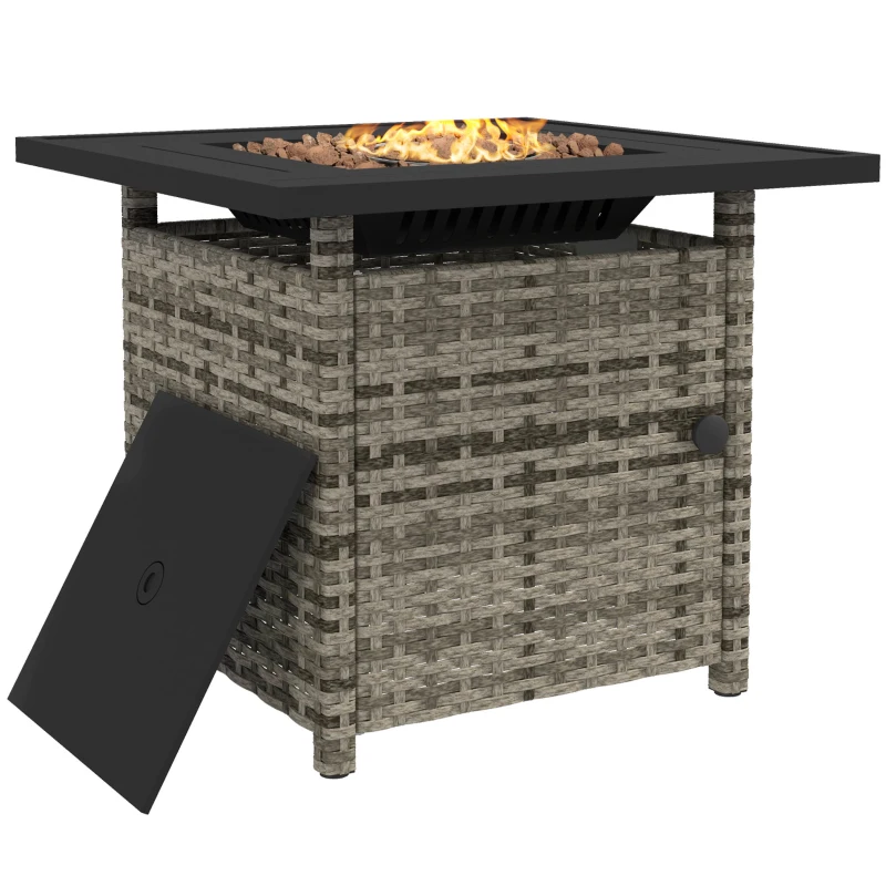 Outsunny Outdoor PE Rattan Propane Fire Pit Table, 50,000 BTU Pulse-Ignition Wicker Fire Table, Mixed Grey