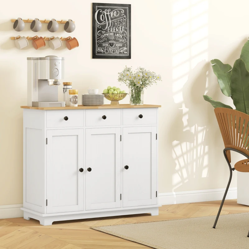 HOMCOM Kitchen Storage Cabinet, Sideboard Floor Cupboard with Solid Wood Top, Adjustable Shelf, and 3 Drawers, White