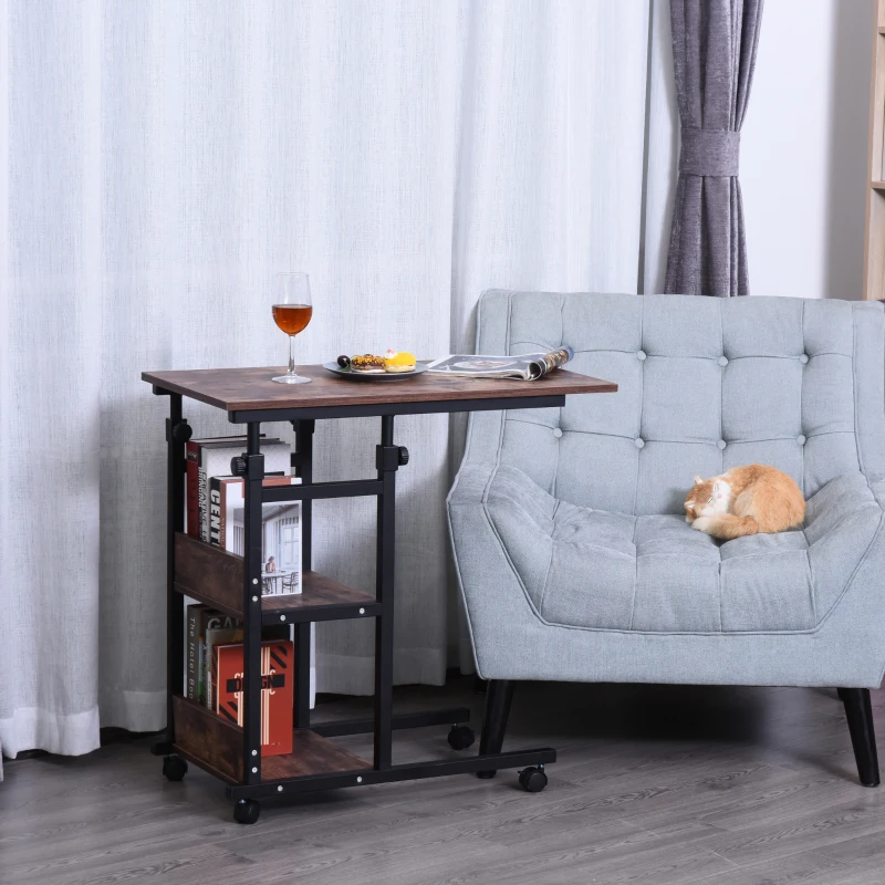 HOMCOM Industrial C-Shaped Mobile Rolling Sofa Side Table with 3-Tier Storage Shelving, Adjustable Height, & Wheels