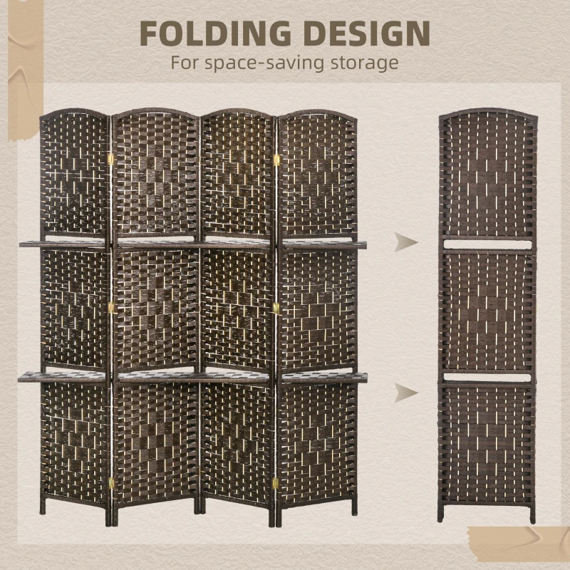 HOMCOM 5.6 Ft Tall Folding Room Divider with Storage Shelves, 4 Panel Portable Privacy Screen for Home Office, Bedroom, Brown