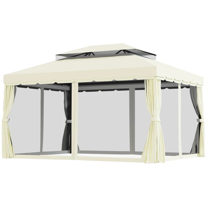 Outsunny 10 x 13ft Aluminum Frame Gazebo Canopy Double Tier Garden Shelter with Netting and Curtains, Cream White