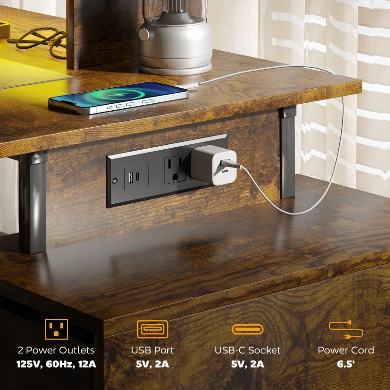 HOMCOM 56" Computer Desk with Storage, Computer Table with Power Outlets and LED Lights, Rustic Brown