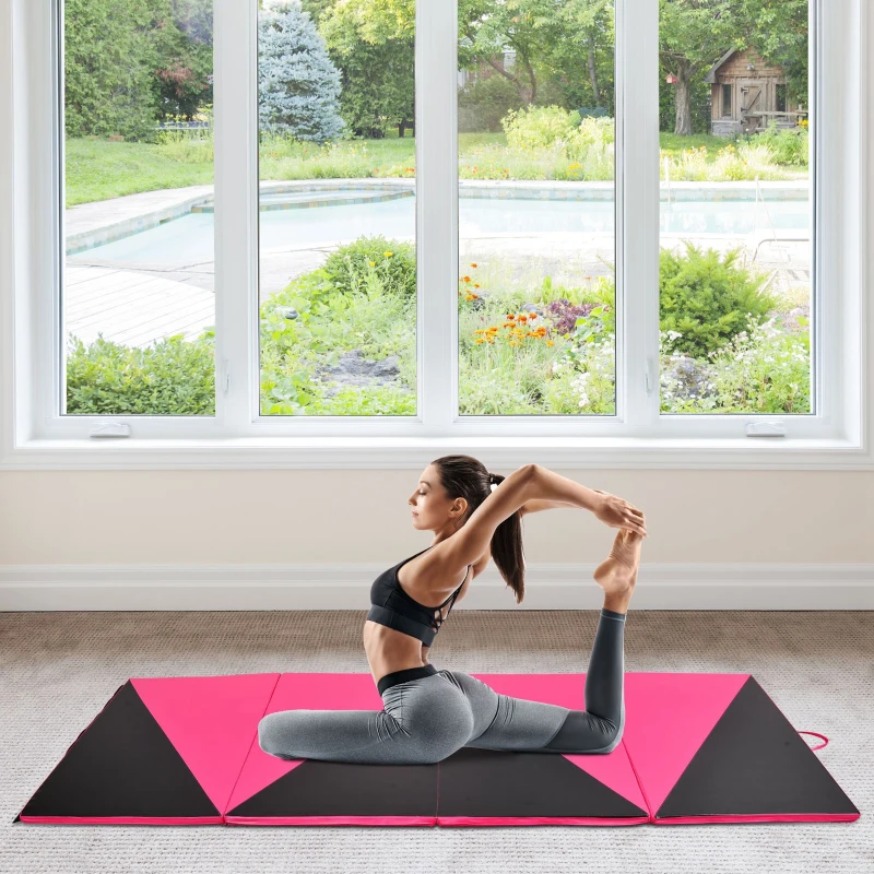 Soozier 4'x10'x2" Folding Gymnastics Tumbling Mat, Exercise Mat  with Carrying Handles for Yoga, MMA, Martial Arts, Stretching, Core Workouts, Pink and Black