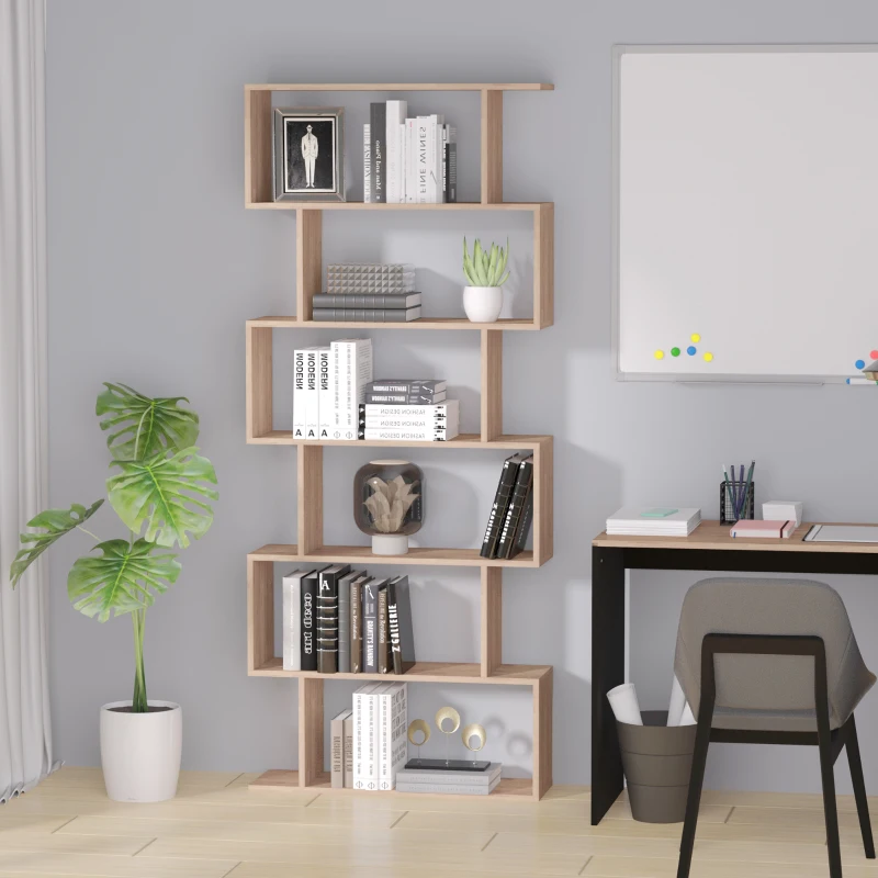 HOMCOM 76" 6-Tier Geometric Wooden Bookcase S Shaped Storage Display Bookshelf Modern shelf Open Concept Living Room Home Office Furniture, Maple
