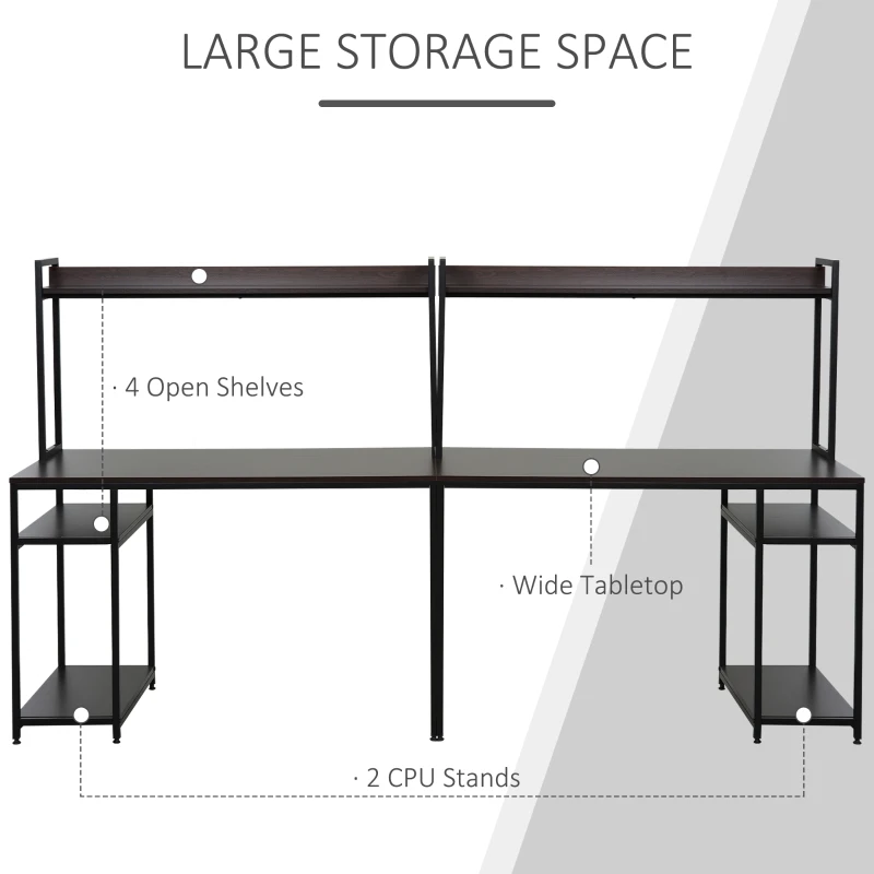 HOMCOM 94.5in Industrial Double Computer Desk with Hutch and Storage Shelves, Extra Long Two Person Home Office Desk, Writing Table Workstation for 2 People with CPU Stand, Brown Wood Grain