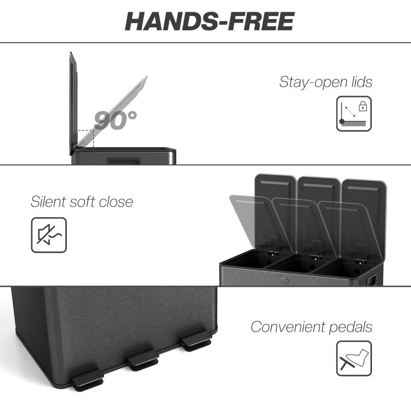 HOMCOM Triple Garbage Bin, Soft-Close Trash Can with Foot Pedal, 3 x 20 Liter Garbage Can with Removable Inner Buckets, Black