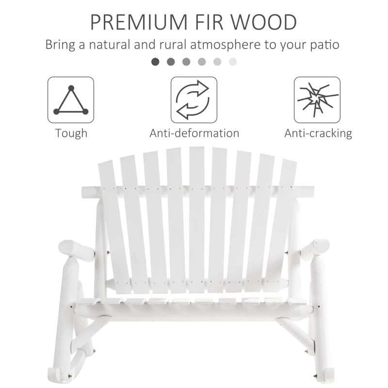 Outsunny Outdoor Wooden Rocking Chair, Double-Person Adirondack Rocking Patio Chair with Rustic High Back, Slatted Seat and Backrest for Indoor, Backyard, Garden, White