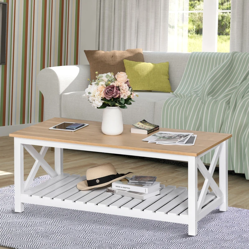 HOMCOM Farmhouse Style Coffee Table with X Bar Frame, Open Slat Wooden Bottom Shelf, Natural/White