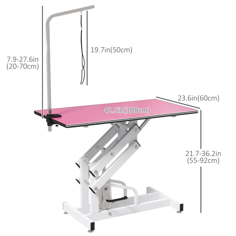 PawHut Pet Grooming Table, Height Adjustable Dog Grooming Table with Arm, Noose and Non-Slip Grooming Table, Pink