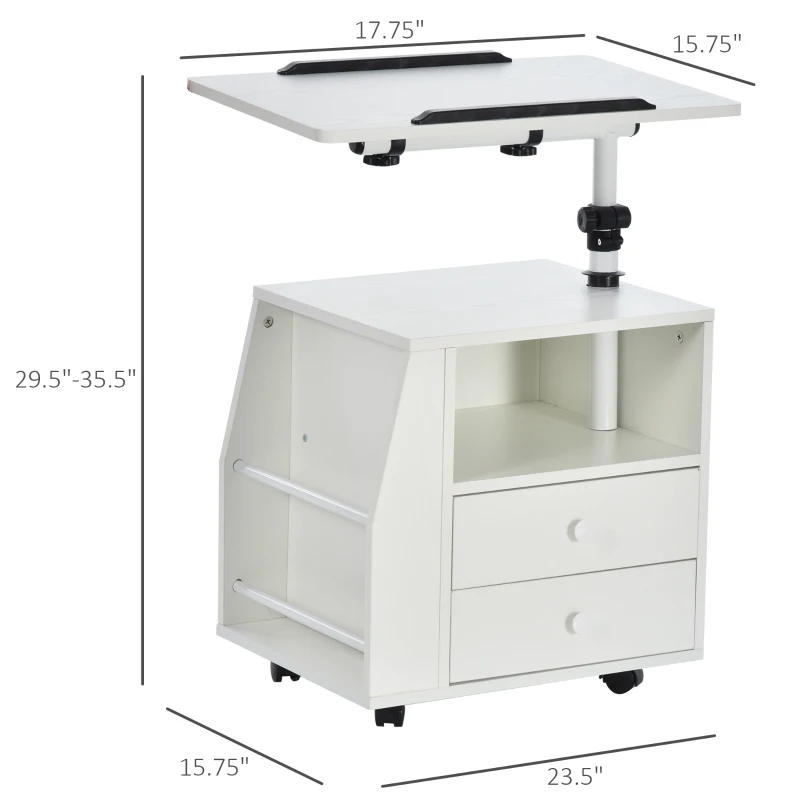 HOMCOM Modern End/Side Table for Living Room with a 360° Adjustable Height Tabletop & Storage Drawers, White