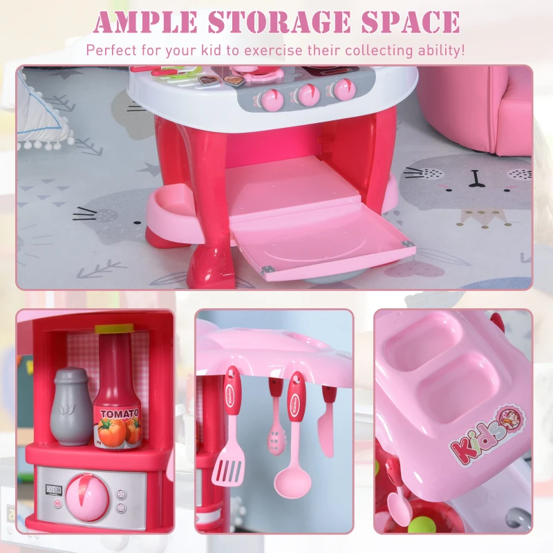 Qaba Kids Kitchen Play Set Pretend Toy Children Role Play Game Toy with Light & Sound Function  38Pcs Toy Accessories - Pink