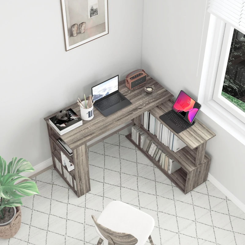HOMCOM 360° Rotating L Shaped Desk, Corner Computer Desk with Storage Shelves for Home Office, Grey