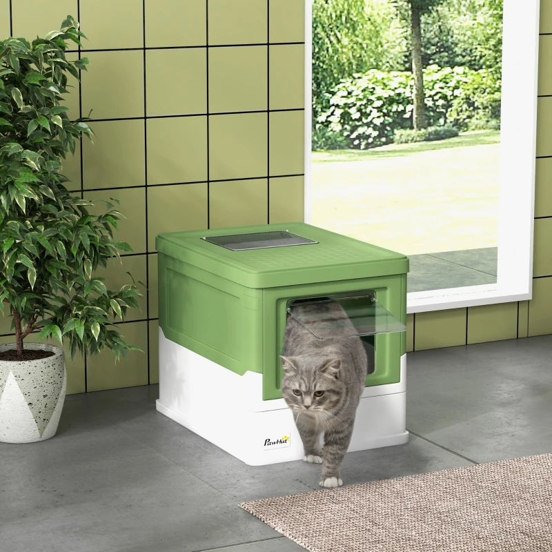 PawHut Fully Enclosed Cat Litter Box with Front Entry, Top Exit, Yellowish Green