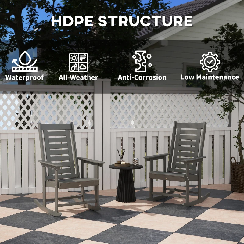 Outsunny 2 Pieces Outdoor Rocking Chairs, HDPE Patio Rockers with 28" High Back, Wide Armrests for Porch Backyard, Dark Gray
