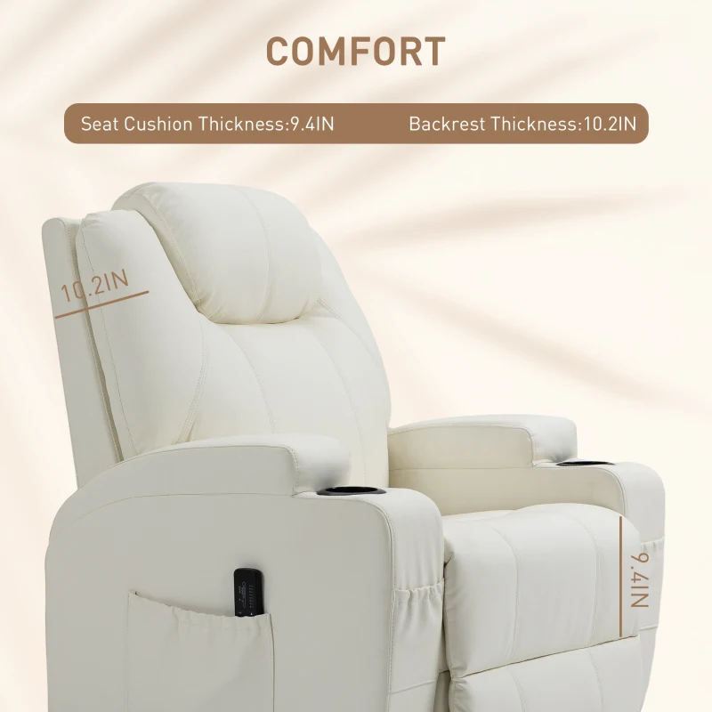 HOMCOM Massage Recliner Chair, Swivel Nursery Rocker Chair, Manual Reclining Sofa with 8 Vibration Points, PU Leather, Cup Holders, Side Pockets, for Living Room, Cream White