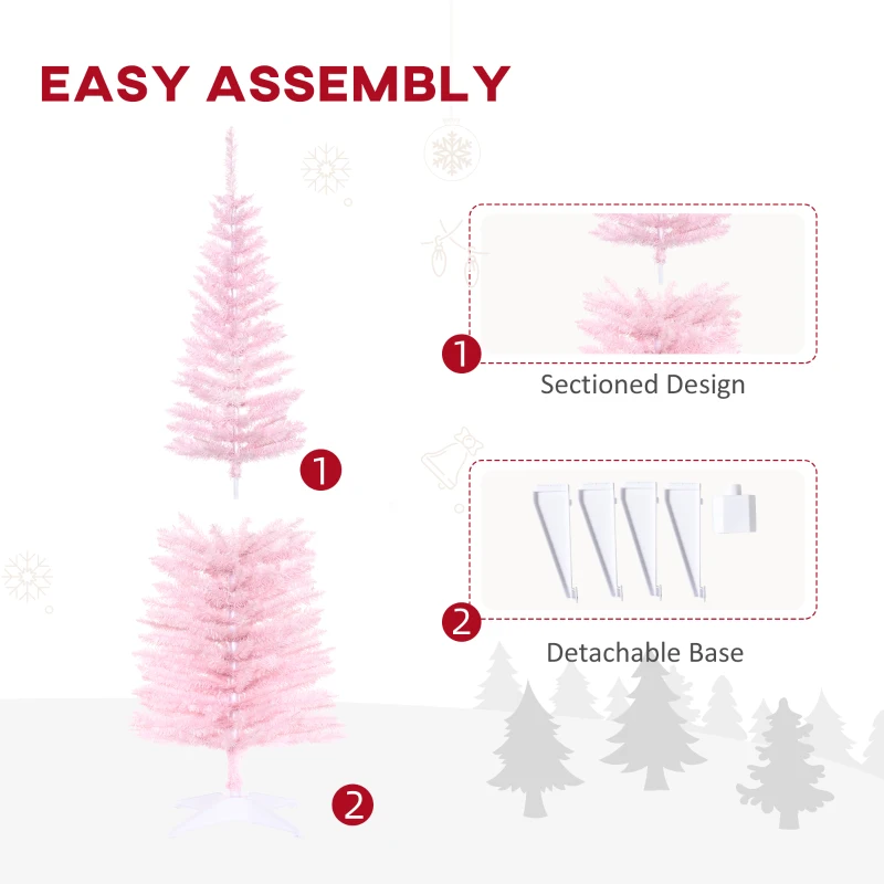 HOMCOM 5FT Artificial Christmas Tree, Pencil Christmas Tree with Realistic Branches, Stable Stand, Pink