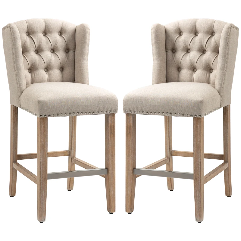 HOMCOM Counter Height Bar Stools Set of 2, 27" Seat Height Upholstered Barstools, Farmhouse Kitchen Island Stools with Nailhead-Trim, Tufted Back and Wooden Legs, Beige