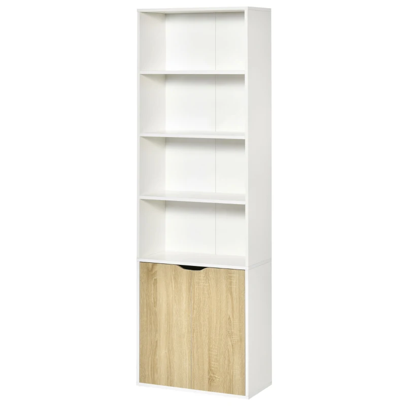 HOMCOM 4-Tier Open Bookshelf with Doors Modern Home Office Bookcase Storage Cabinet for Living Room Bathroom Study, Oak