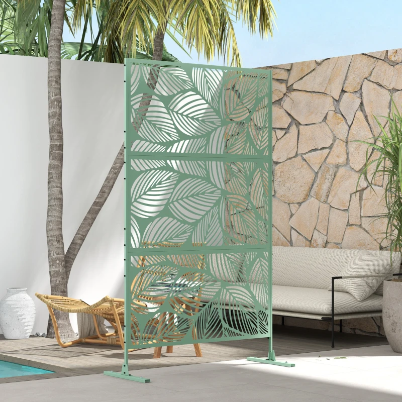 Outsunny 6.5FT Decorative Outdoor Divider, Metal Privacy Screen with Stand, Leaf Style, Light Green