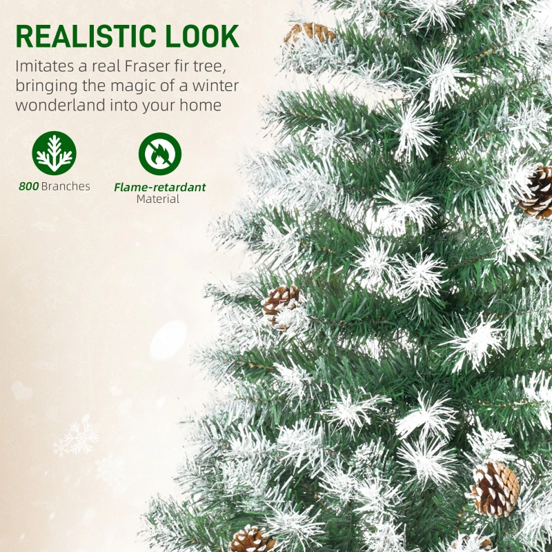HOMCOM 6ft Snow Flocked Artificial Christmas Tree, Unlit Full Fir Tree with Automatic Open, 800 Realistic Branches and 61 Pine Cones