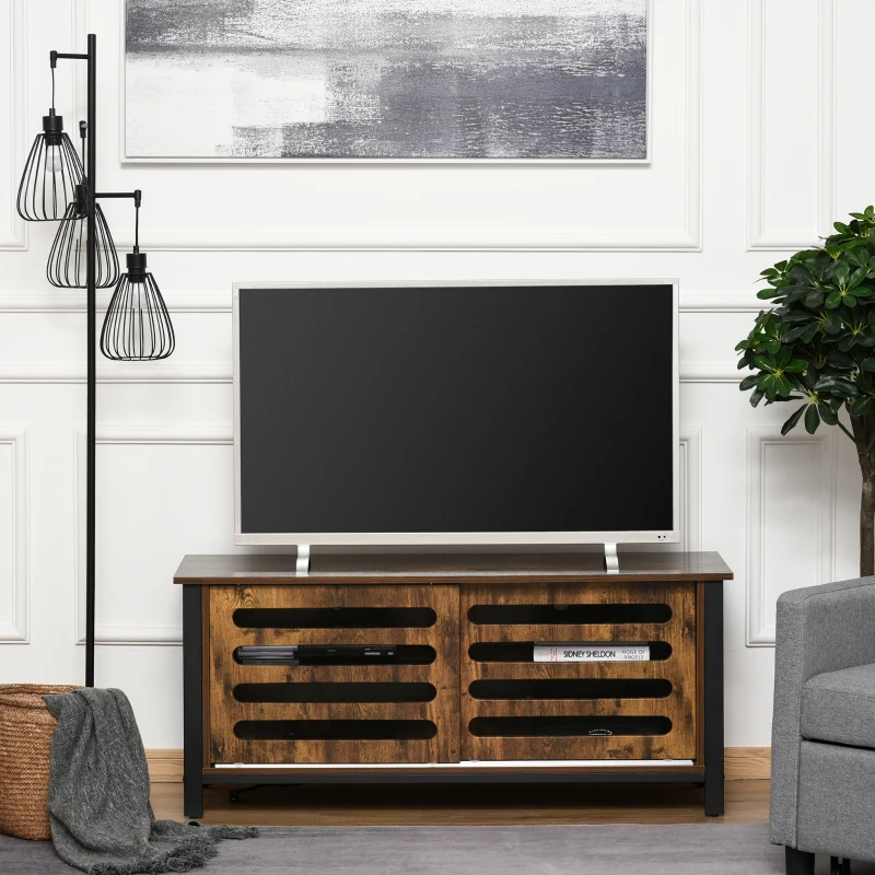 HOMCOM Industrial TV Stand for TVs up to 50 Inches, TV Cabinet Entertainment Center with Sliding Doors, 4 Storage Shelves, Console Table for Living Room Bedroom Hallway, Rustic Brown