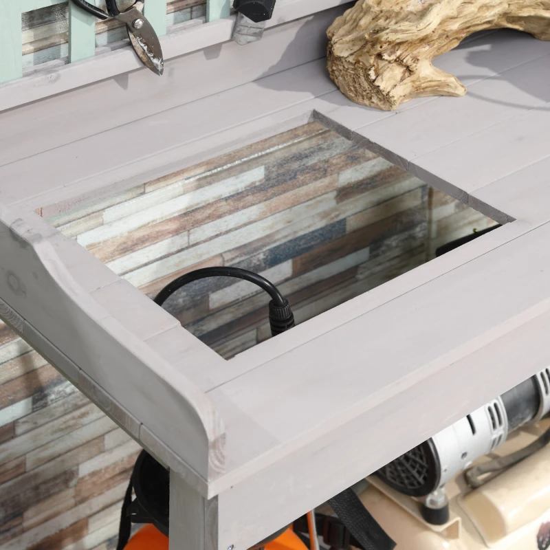 Outsunny Outdoor Wooden Potting Bench Table with Removable Sink, Garden Work Bench with Chalkboard, Drawer, Open Shelf Storage, Light Gray