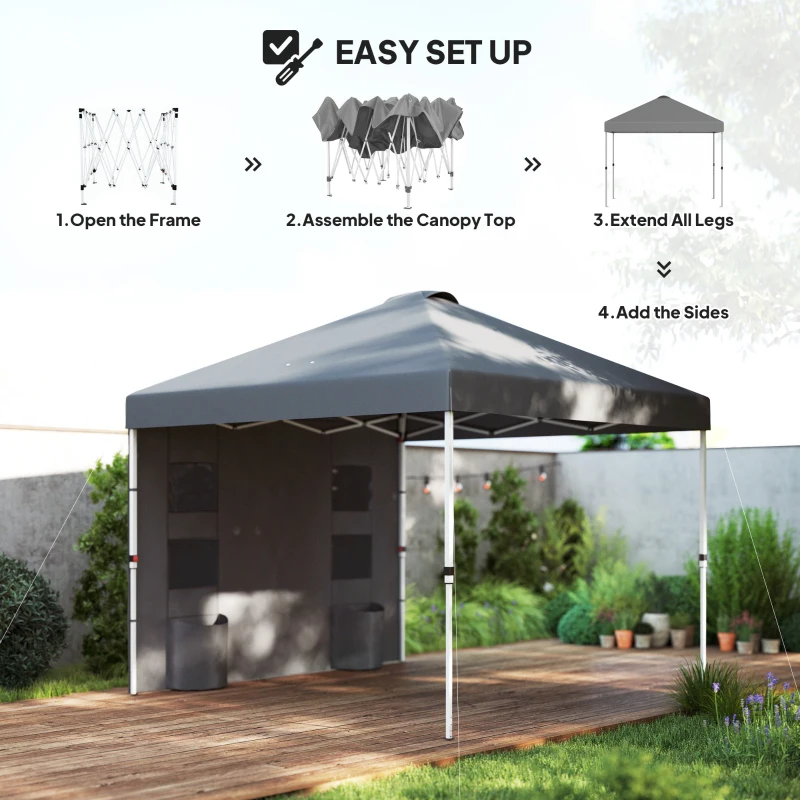 Outsunny 10' x 10' Pop Up Canopy Tent w/ Sidewall, UPF50+ Height Adjustable Instant Sun Shelter w/ Storage Pockets, Dark Gray