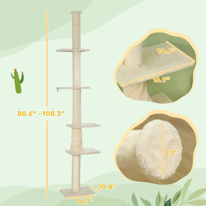 PawHut 89"-108" Floor to Ceiling Cat Tree with Scratching Post, Hand Crank & Anti-tip Kit, Cream White