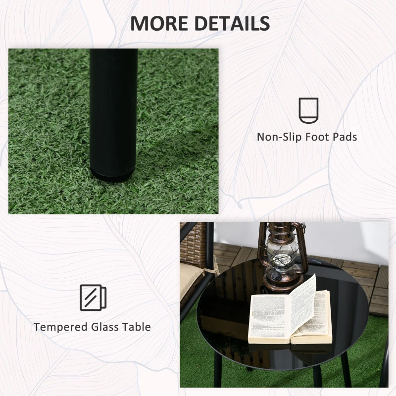 Outsunny 3 Pieces Outdoor Wicker Furniture Set with Soft Cushions Tempered Glass Coffee Table for Garden, Backyard, Khaki