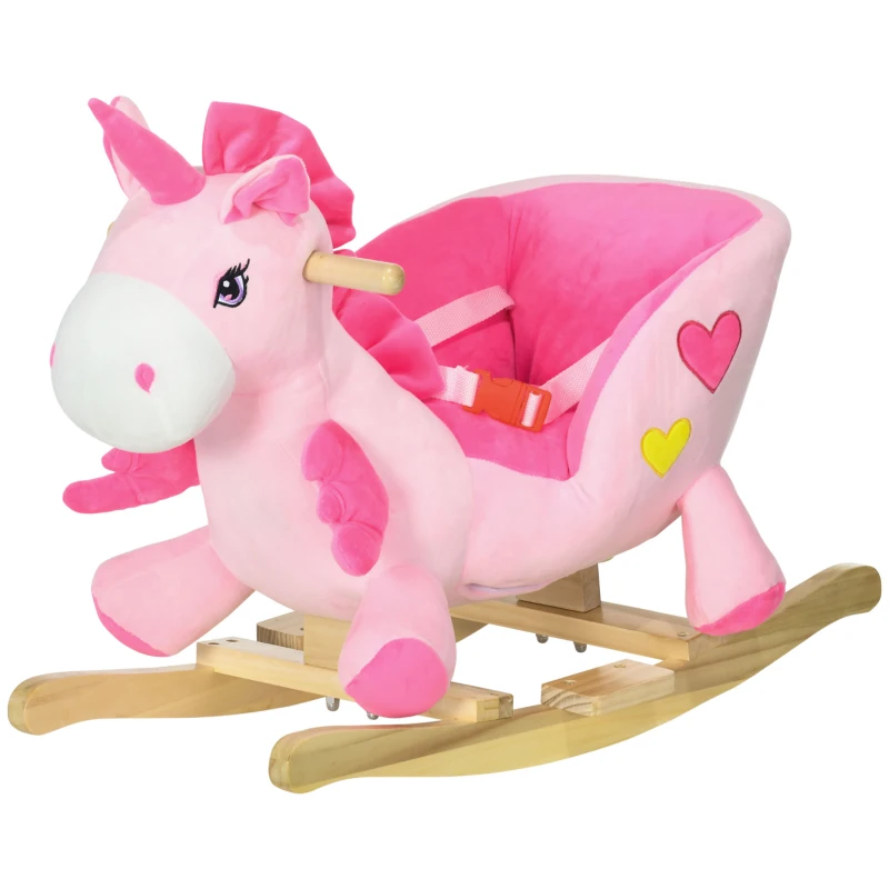 Qaba Baby Rocking Horse, Plush Animal Rocker for Toddlers Aged 18-36 Months, Stuffed Ride Toy with Sounds, Seat Belt, Pink