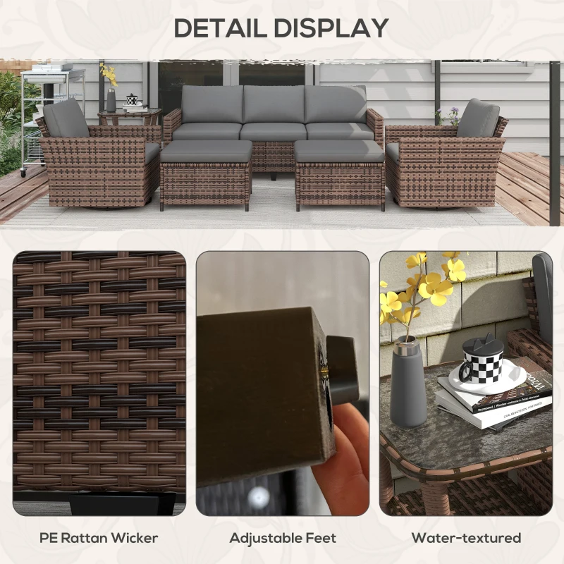 Outsunny 6-Piece Rattan Patio Furniture Set with 3-Seater Sofa, Swivel Rocking Chairs, Footstools, 2 Tier Table, Mixed Brown