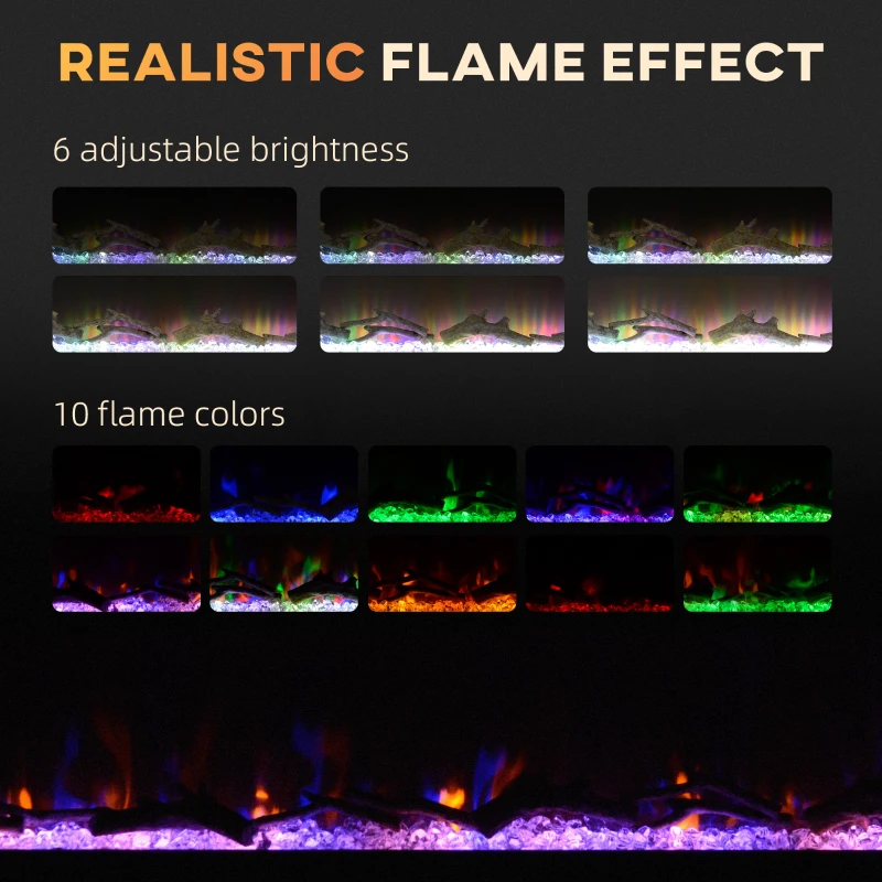 HOMCOM 50" Recessed or Wall Mounted Electric Fireplace Heater with Remote Control, Adjustable Flame Color and Brightness