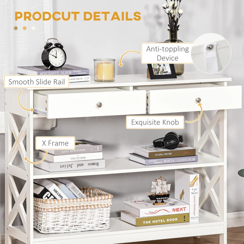 HOMCOM 39" Console Table, Narrow Entryway Table with Storage Shelves, Drawers and X Frame for Behind Couch, Living Room, Hallway, White