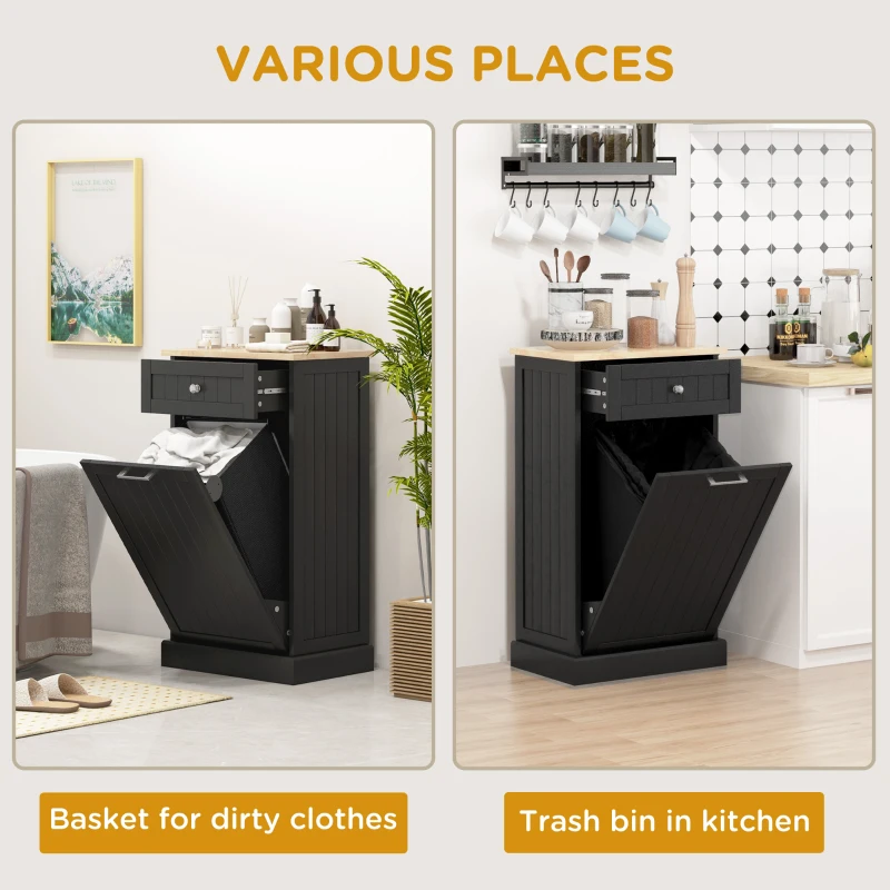 HOMCOM Kitchen Tilt Out Trash Bin Cabinet Free Standing Recycling Cabinet Trash Can Holder With Drawer, Black