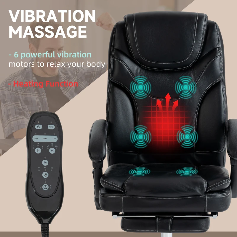 Vinsetto 6 Point Vibration Massage Office Chair, PU Leather Heated Reclining Computer Chair with Footrest, Black