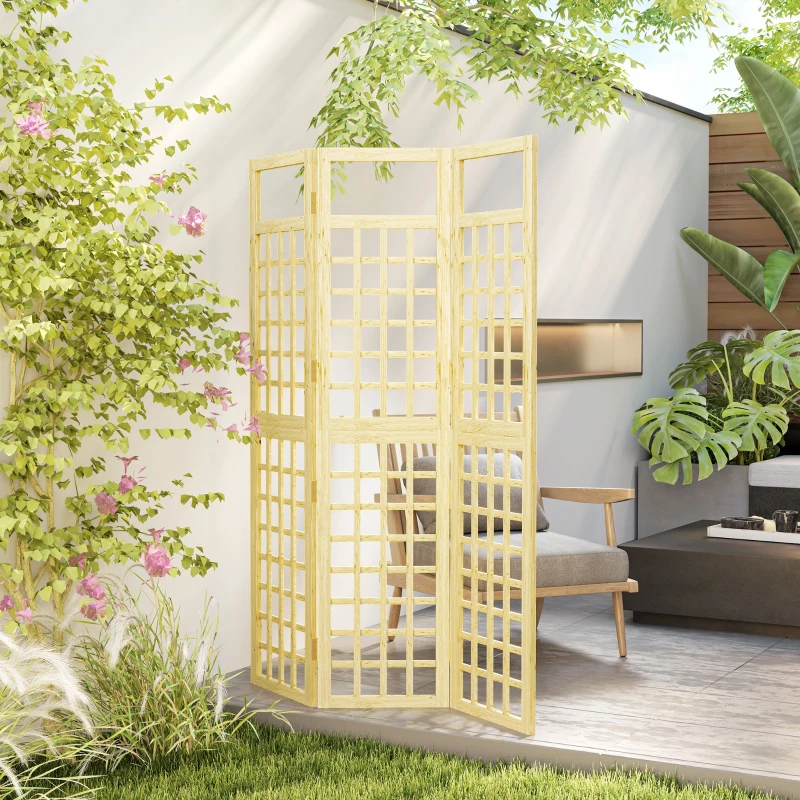 Outsunny 3 Panel Outdoor Wood Privacy Screen, Folding Room Divider/Trellis for Home, Patio, 47.2" x 66.9", Natural Wood