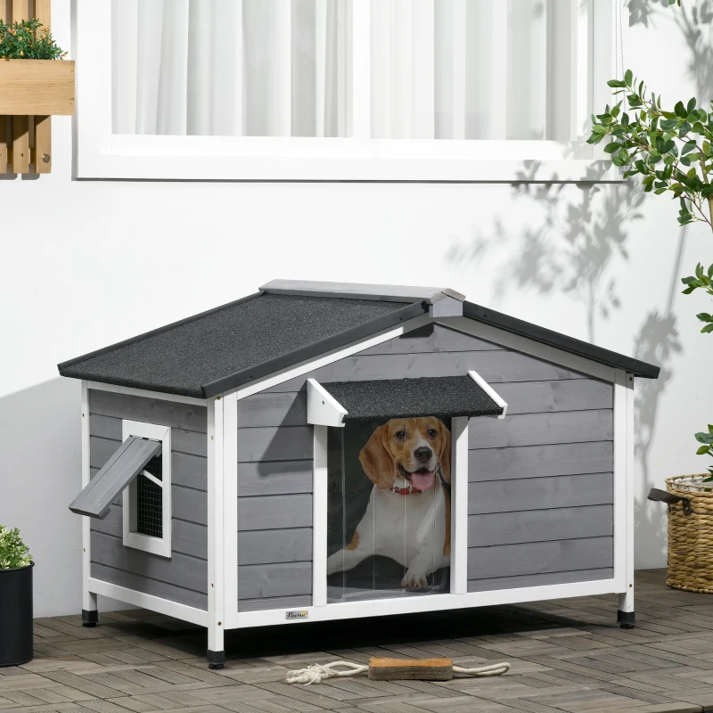 PawHut Wooden Cabin Style Outdoor Dog House with Openable Roof, Removable Bottom, Windows, Curtain, Foot Covers, Gray