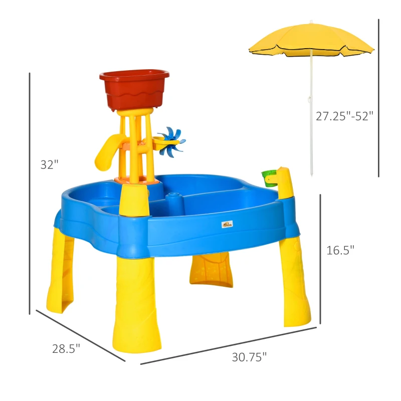 Qaba 2-in-1 Covered Sandbox Table with Umbrella for Outdoors and Indoors, 25-Piece Sand and Water Table for Toddlers, Little Kids Toys