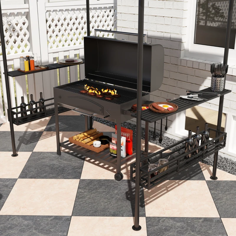 Outsunny 8' x 5' Barbecue Gazebo, 2-Tier BBQ Gazebo with 2 Side Shelves, Storage Basket, Hanging Hooks, Dark Grey