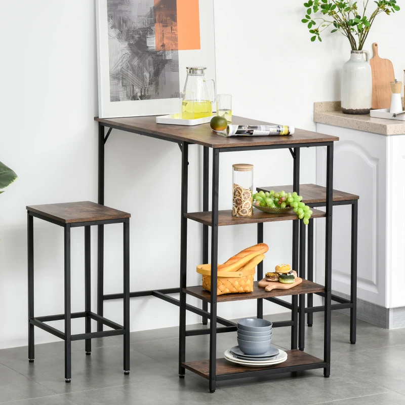 HOMCOM Industrial 3 Piece Dining Table Set, Counter Height Bar Table and Chairs Set, Kitchen Bistro Table Set with Storage Shelf and Stools, Rustic Brown