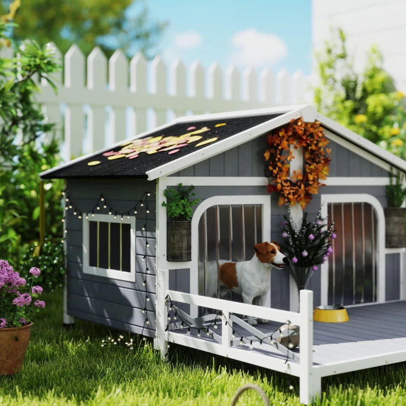 PawHut Dog House Outdoor, Wooden Dog Kennel Weatherproof with Porch, Openable Roof, Removable Bottom, Elevated Floor, Double Room for 2 Small to Medium Breeds, Gray