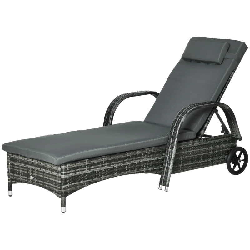 Outsunny Wicker Outdoor Chaise Lounge, 5-Level Adjustable Backrest PE Rattan Pool Lounge Chair with Wheels, Cushion & Headrest, Mixed Gray and Charcoal Gray