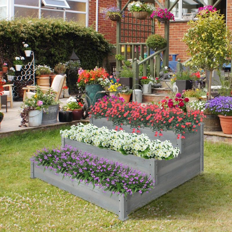 Outsunny 3-Tier Garden Bed Planter Box for Backyard, Patio, 49"x49"x22", Grey