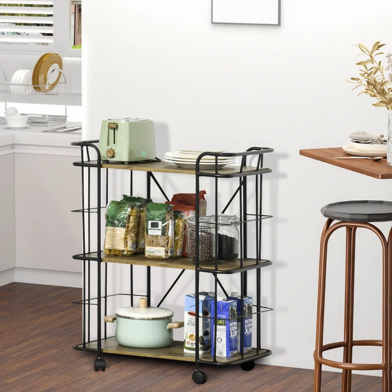 HOMCOM Bar Cart, Industrial Kitchen Cart with Wheels , Rolling Utility 3 Storage Shelves for Dining Room, Laundry Room, and Bathroom, Light Brown Wood Grain